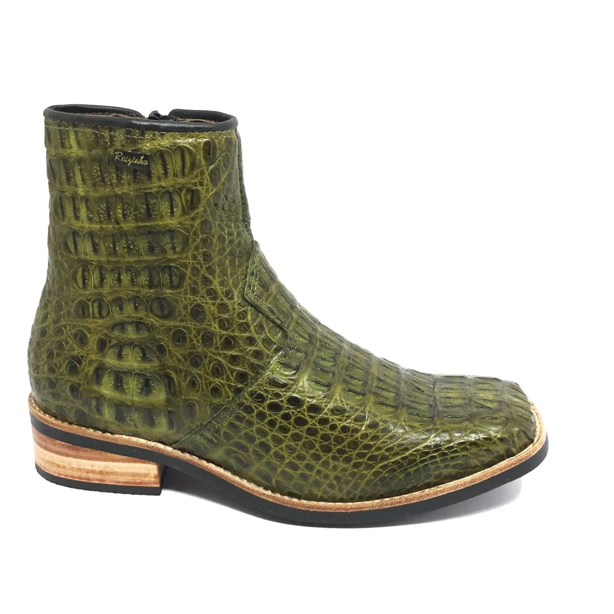 Bota de Couro de Jacaré Verde Musgo - Cano Curto, Bico Quadrado, Solado C-Flex Artesanal