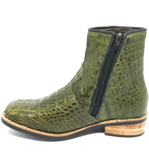 Bota de Couro de Jacaré Verde Musgo - Cano Curto, Bico Quadrado, Solado C-Flex Artesanal