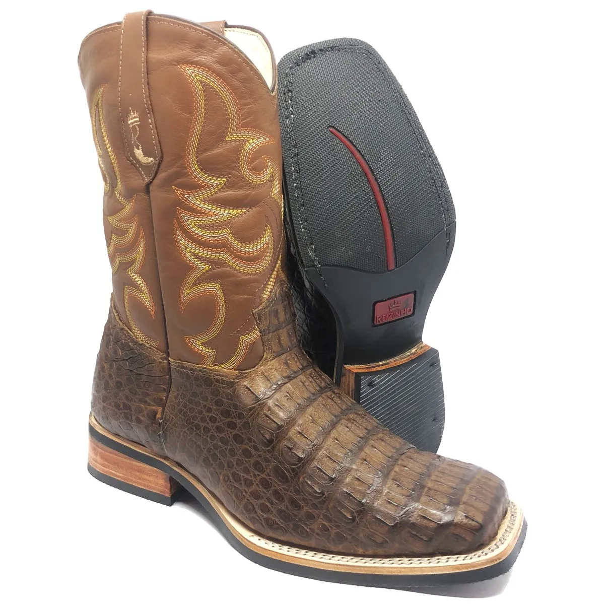 Bota Texana Reizinho Premium de Couro Legítimo de Jacaré Tabaco - Cano Médio, Bico Quadrado - Solado X-Flex Artesanal