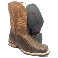 Bota Texana Reizinho Premium de Couro Legítimo de Jacaré Tabaco - Cano Médio, Bico Quadrado - Solado X-Flex Artesanal - imagem 1