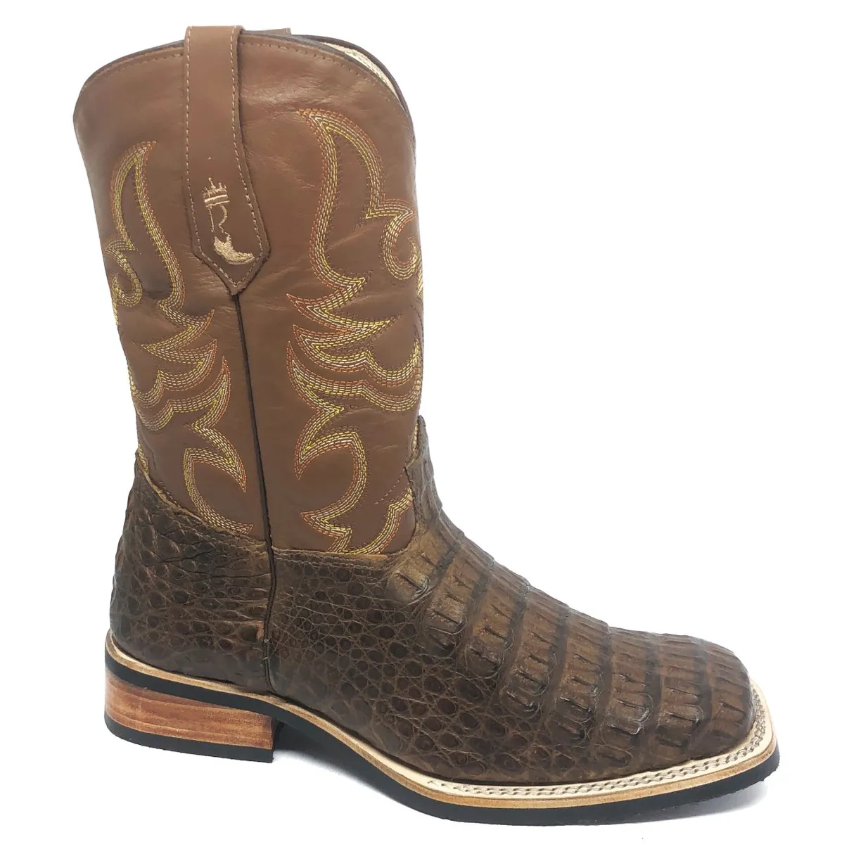 Bota Texana Reizinho Premium de Couro Legítimo de Jacaré Tabaco - Cano Médio, Bico Quadrado - Solado X-Flex Artesanal