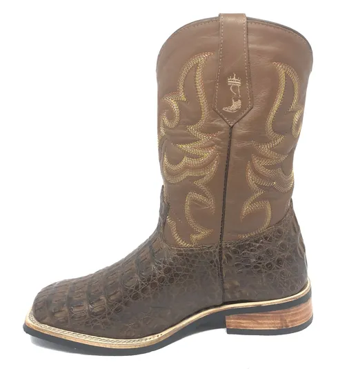 Bota Texana Reizinho Premium de Couro Legítimo de Jacaré Tabaco - Cano Médio, Bico Quadrado - Solado X-Flex Artesanal