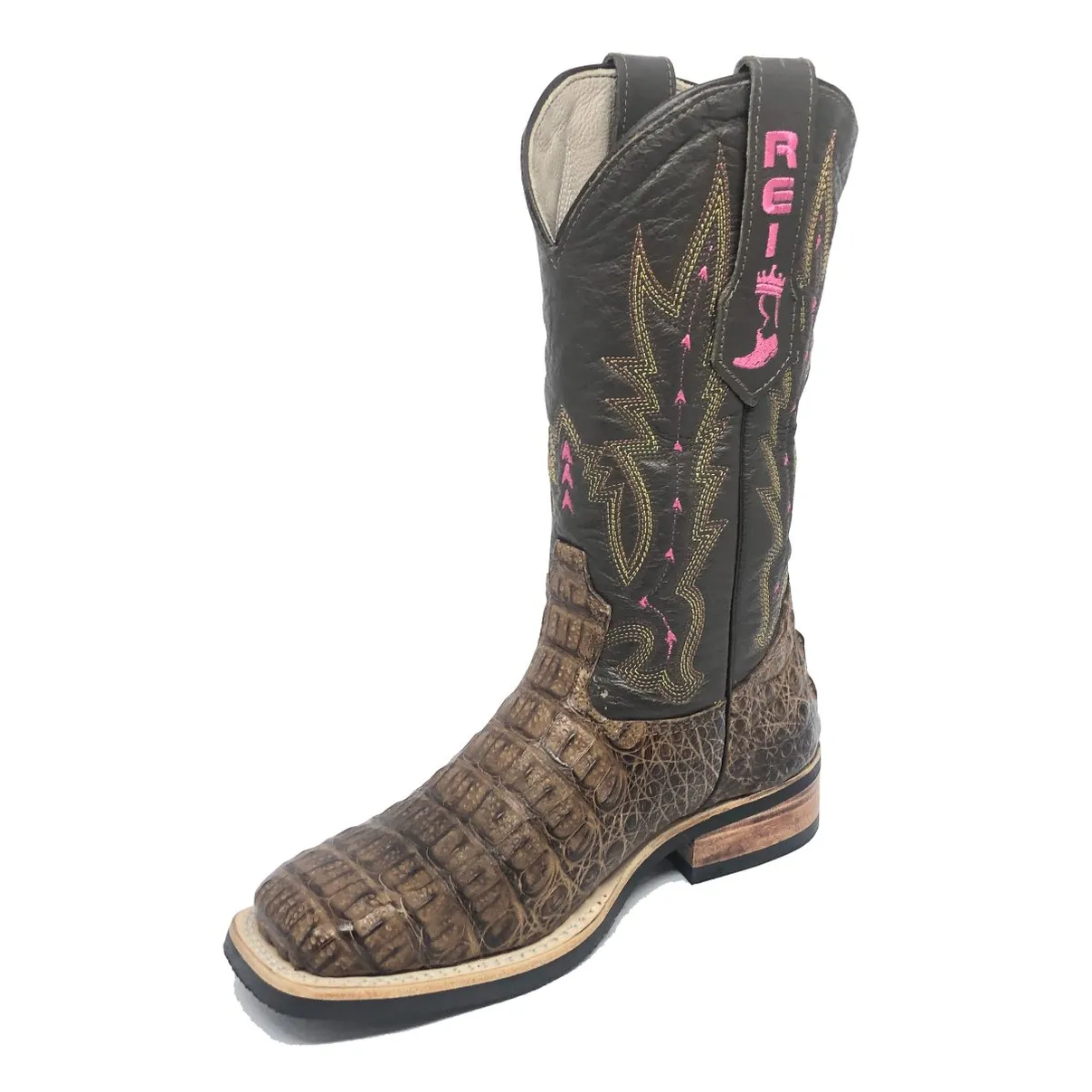 Bota Texana Reizinho Premium de Couro Legítimo de Jacaré Tabaco LIMITED EDITION - Cano Alto, Bico Quadrado - Solado X-Flex Artesanal | Reizinho Botas