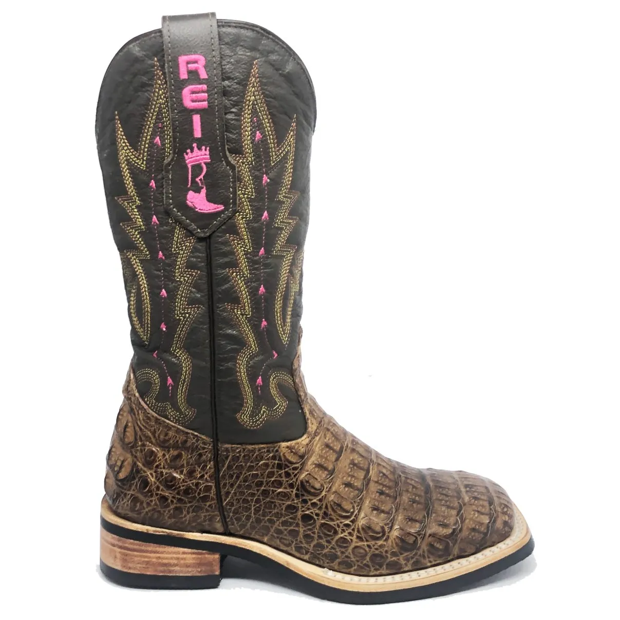 Bota Texana Reizinho Premium de Couro Legítimo de Jacaré Tabaco LIMITED EDITION - Cano Alto, Bico Quadrado - Solado X-Flex Artesanal | Reizinho Botas