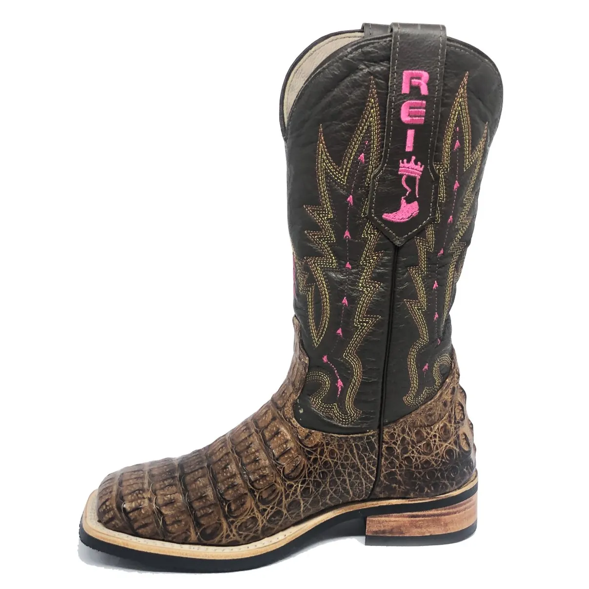 Bota Texana Reizinho Premium de Couro Legítimo de Jacaré Tabaco LIMITED EDITION - Cano Alto, Bico Quadrado - Solado X-Flex Artesanal | Reizinho Botas
