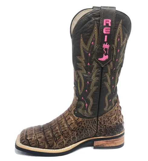 Bota Texana Reizinho Premium de Couro Legítimo de Jacaré Tabaco LIMITED EDITION - Cano Alto, Bico Quadrado - Solado X-Flex Artesanal | Reizinho Botas