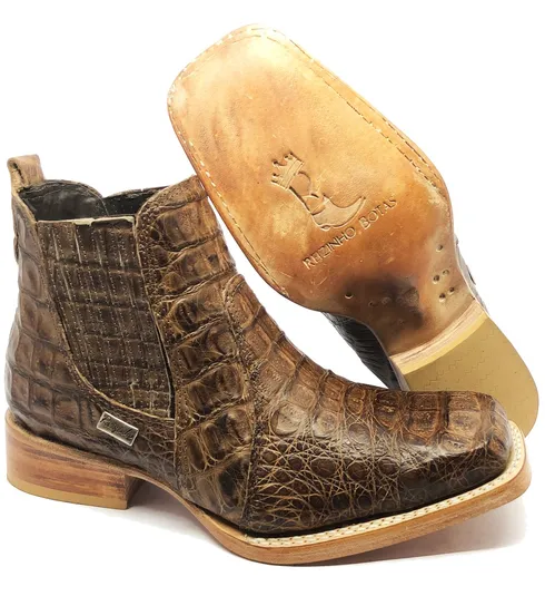 Bota Texana Reizinho Premium de Couro Legítimo de Jacaré Tabaco LIMITED EDITION - Cano Curto, Bico Quadrado - Solado de Couro Artesanal