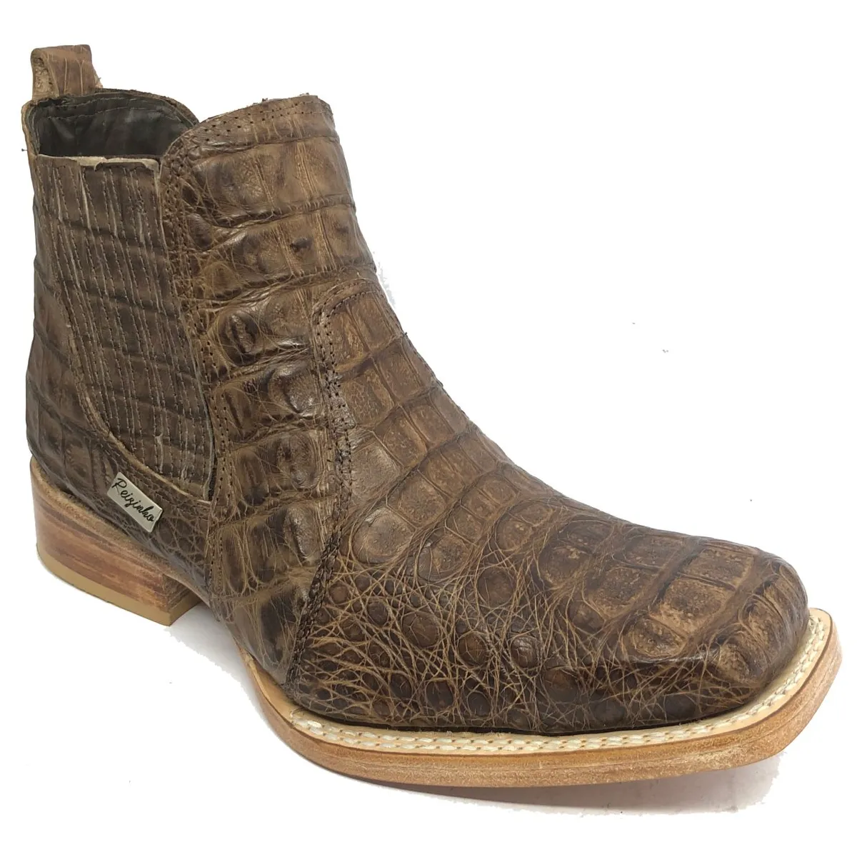 Bota Texana Reizinho Premium de Couro Legítimo de Jacaré Tabaco LIMITED EDITION - Cano Curto, Bico Quadrado - Solado de Couro Artesanal
