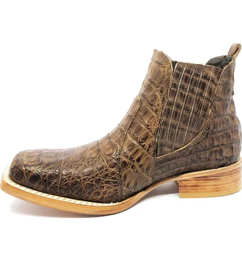 Bota Texana Reizinho Premium de Couro Legítimo de Jacaré Tabaco LIMITED EDITION - Cano Curto, Bico Quadrado - Solado de Couro Artesanal