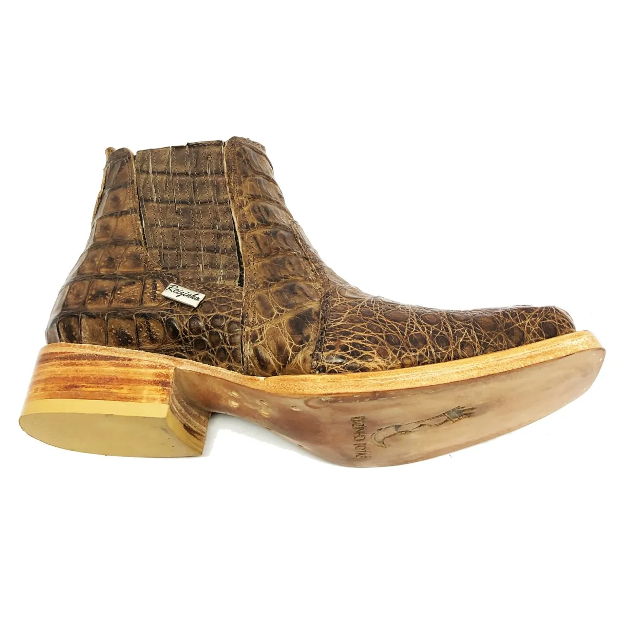 Bota Texana Reizinho Premium de Couro Legítimo de Jacaré Tabaco LIMITED EDITION - Cano Curto, Bico Quadrado - Solado de Couro Artesanal