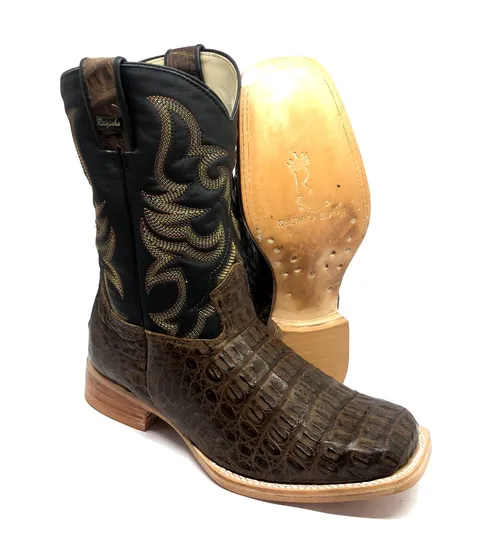 Bota Texana Reizinho Premium de Couro Legítimo de Jacaré Tabaco LIMITED EDITION - Cano Médio, Bico Quadrado - Solado de Couro Artesanal | Reizinho Botas