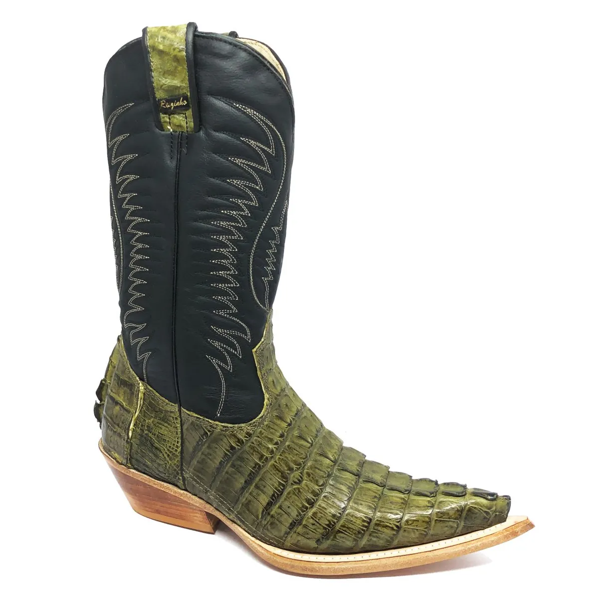Bota Texana Reizinho Premium de Couro Legítimo de Jacaré Verde Musgo Rabo LIMITED EDITION - Cano Alto, Bico Fino - Solado de Couro Artesanal | Reizinho Botas