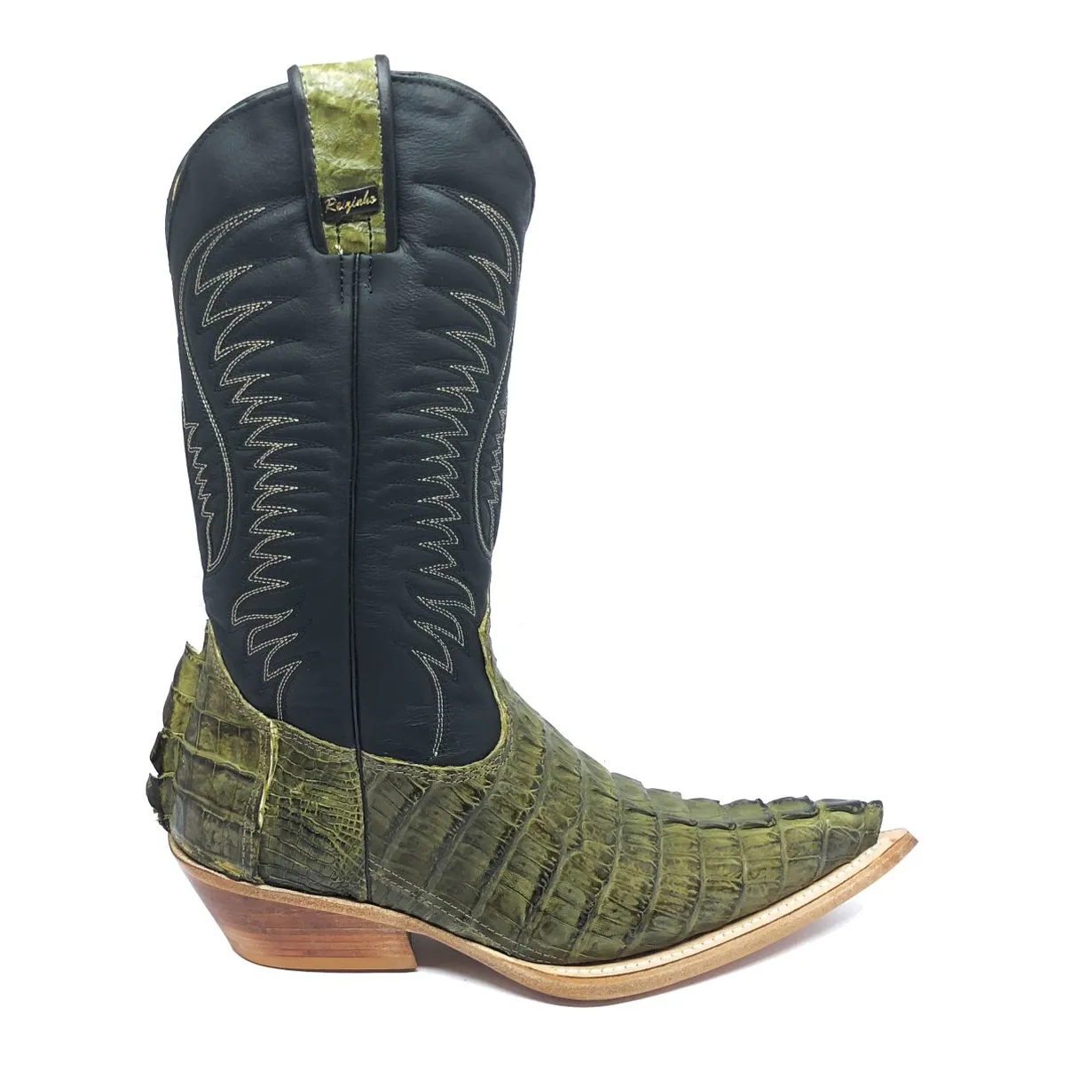 Bota Texana Reizinho Premium de Couro Legítimo de Jacaré Verde Musgo Rabo LIMITED EDITION - Cano Alto, Bico Fino - Solado de Couro Artesanal | Reizinho Botas
