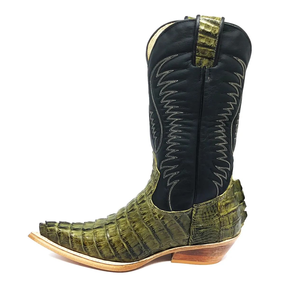 Bota Texana Reizinho Premium de Couro Legítimo de Jacaré Verde Musgo Rabo LIMITED EDITION - Cano Alto, Bico Fino - Solado de Couro Artesanal | Reizinho Botas