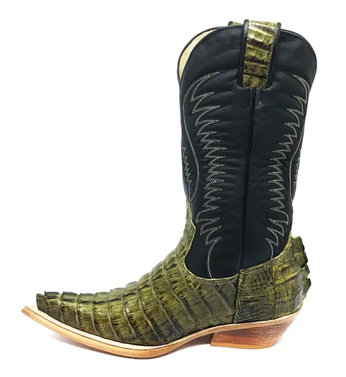 Bota Texana Reizinho Premium de Couro Legítimo de Jacaré Verde Musgo Rabo LIMITED EDITION - Cano Alto, Bico Fino - Solado de Couro Artesanal | Reizinho Botas