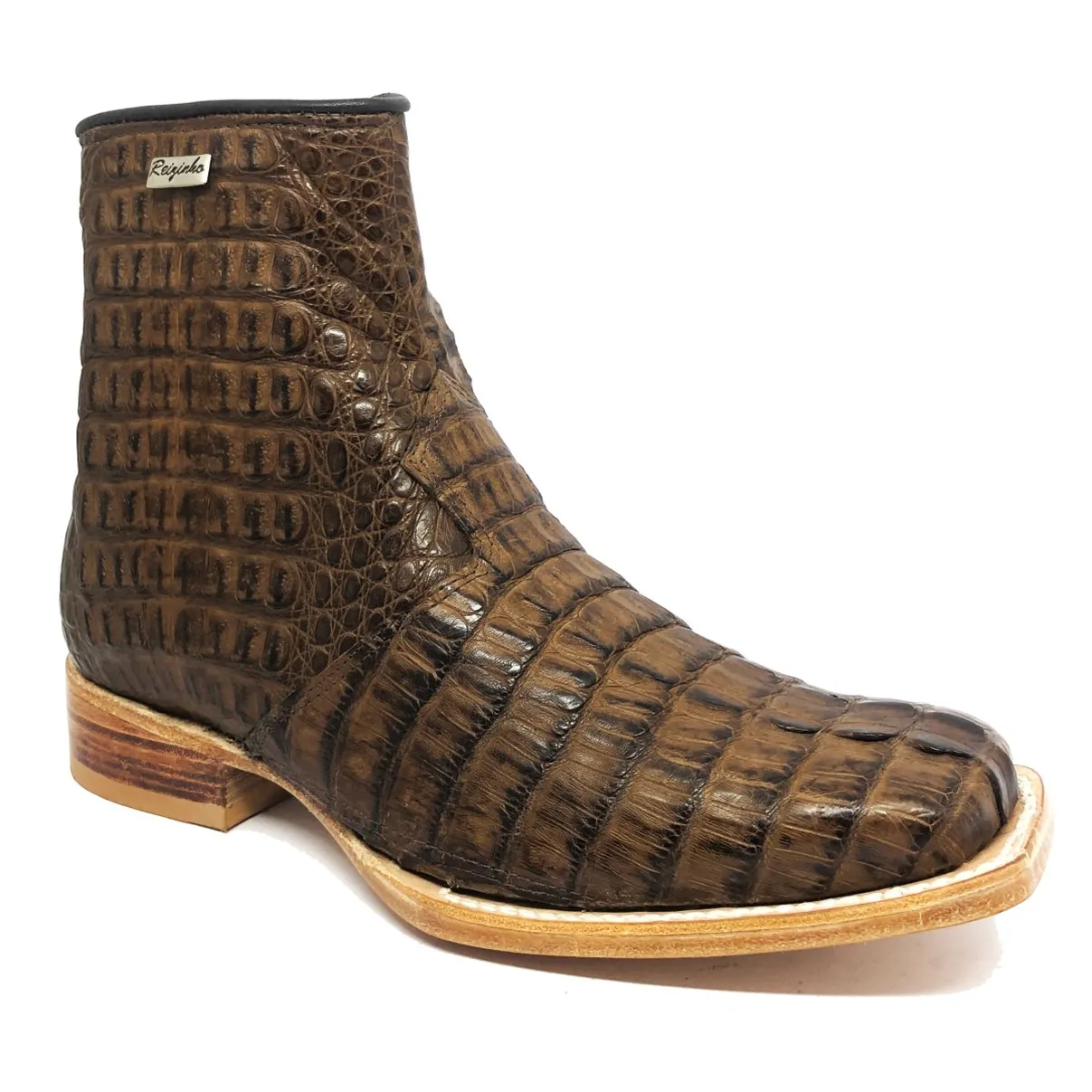Bota Texana Reizinho Premium de Couro Legítimo de Jacaré Tabaco Rabo LIMITED EDITION - Cano Curto, Bico Quadrado - Solado de Couro Artesanal