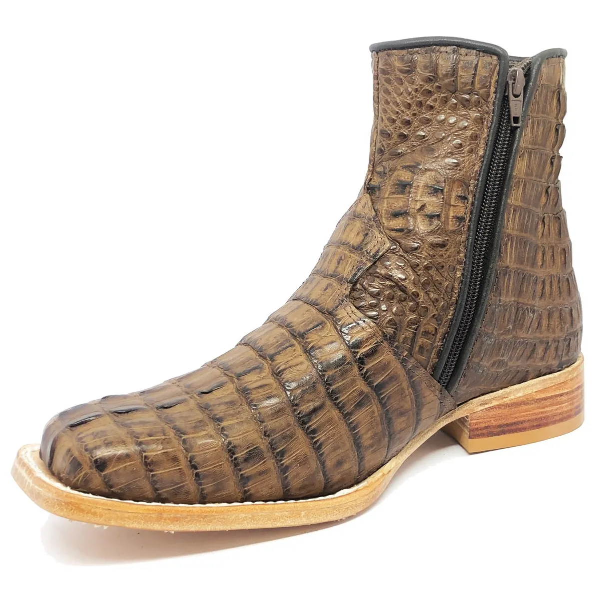 Bota Texana Reizinho Premium de Couro Legítimo de Jacaré Tabaco Rabo LIMITED EDITION - Cano Curto, Bico Quadrado - Solado de Couro Artesanal