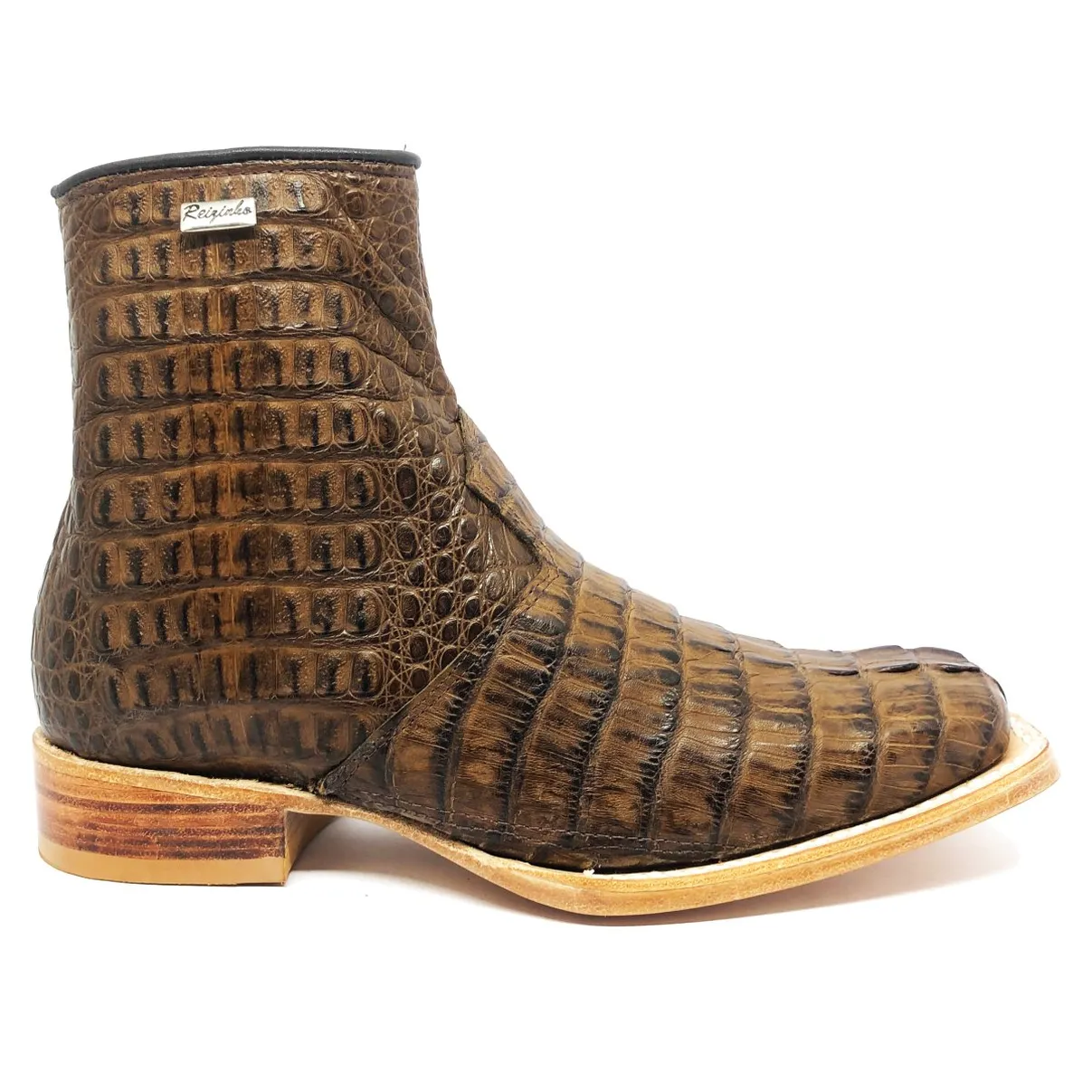 Bota Texana Reizinho Premium de Couro Legítimo de Jacaré Tabaco Rabo LIMITED EDITION - Cano Curto, Bico Quadrado - Solado de Couro Artesanal