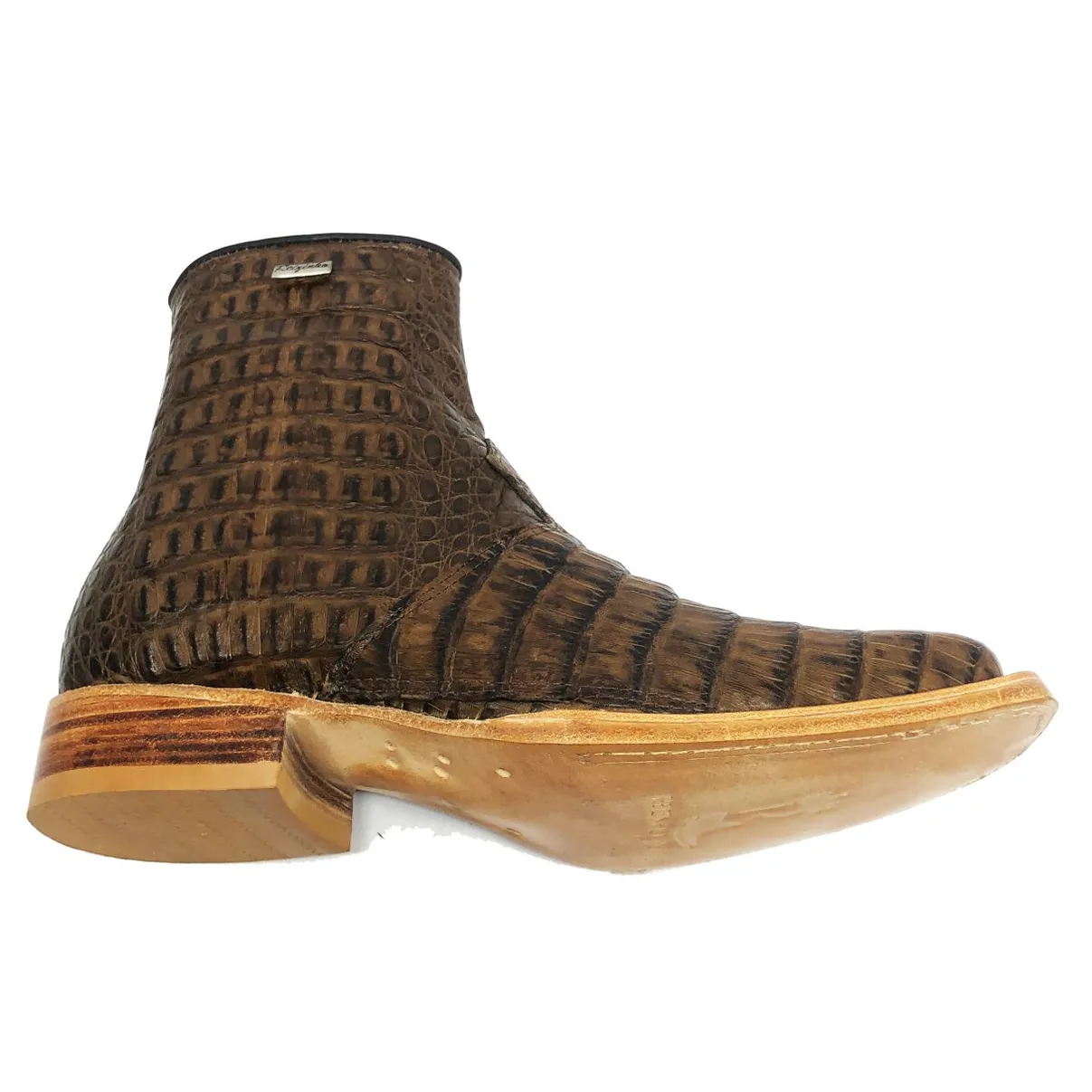 Bota Texana Reizinho Premium de Couro Legítimo de Jacaré Tabaco Rabo LIMITED EDITION - Cano Curto, Bico Quadrado - Solado de Couro Artesanal