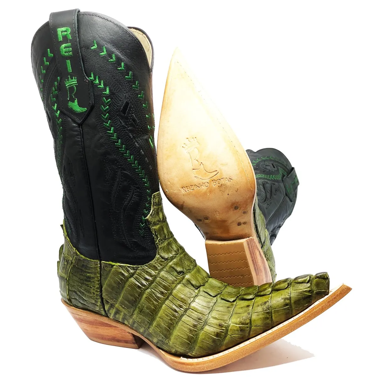 Bota Texana Reizinho Premium de Couro Legítimo de Jacaré Verde Musgo Rabo LIMITED EDITION - Cano Alto, Bico Fino - Solado de Couro Artesanal
