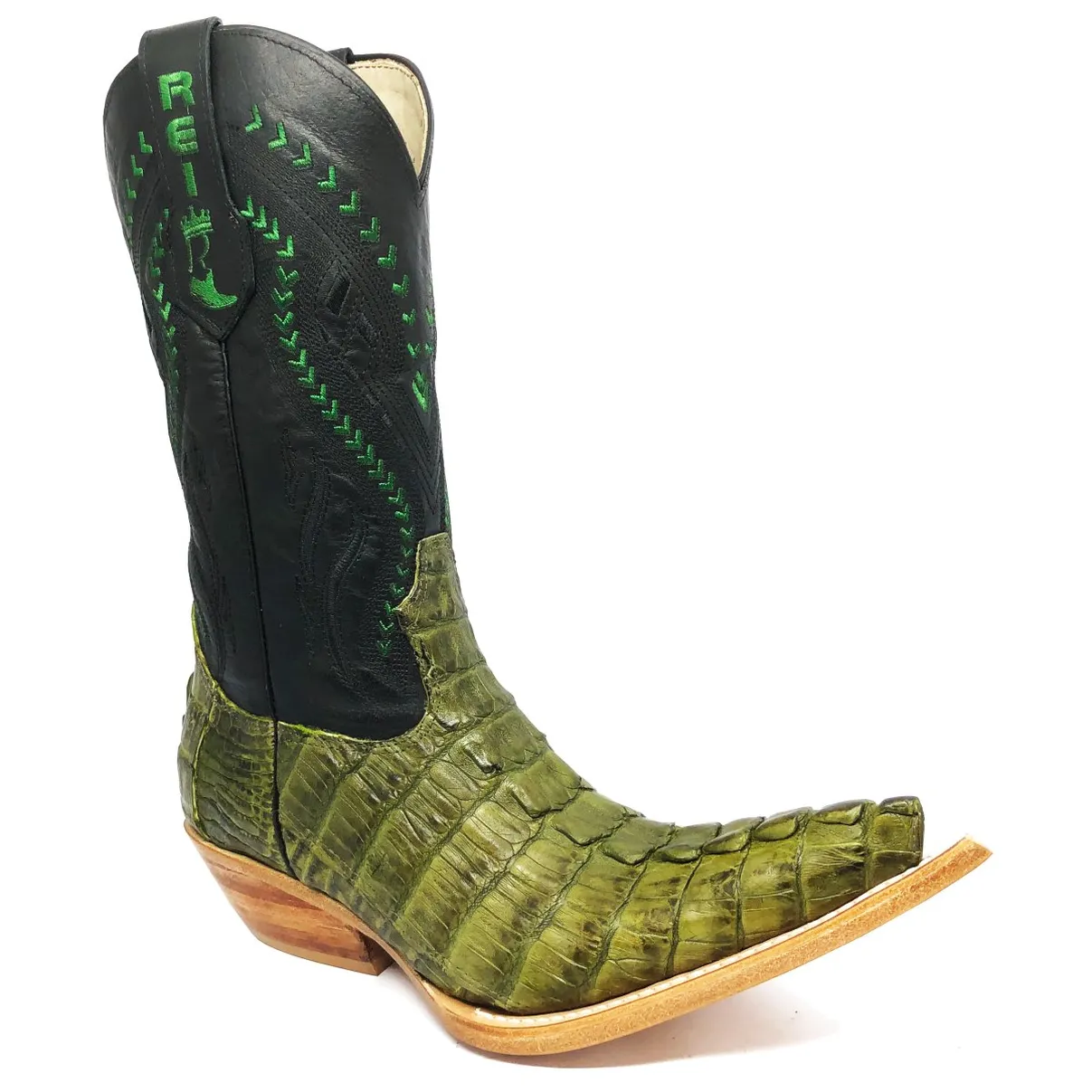 Bota Texana Reizinho Premium de Couro Legítimo de Jacaré Verde Musgo Rabo LIMITED EDITION - Cano Alto, Bico Fino - Solado de Couro Artesanal