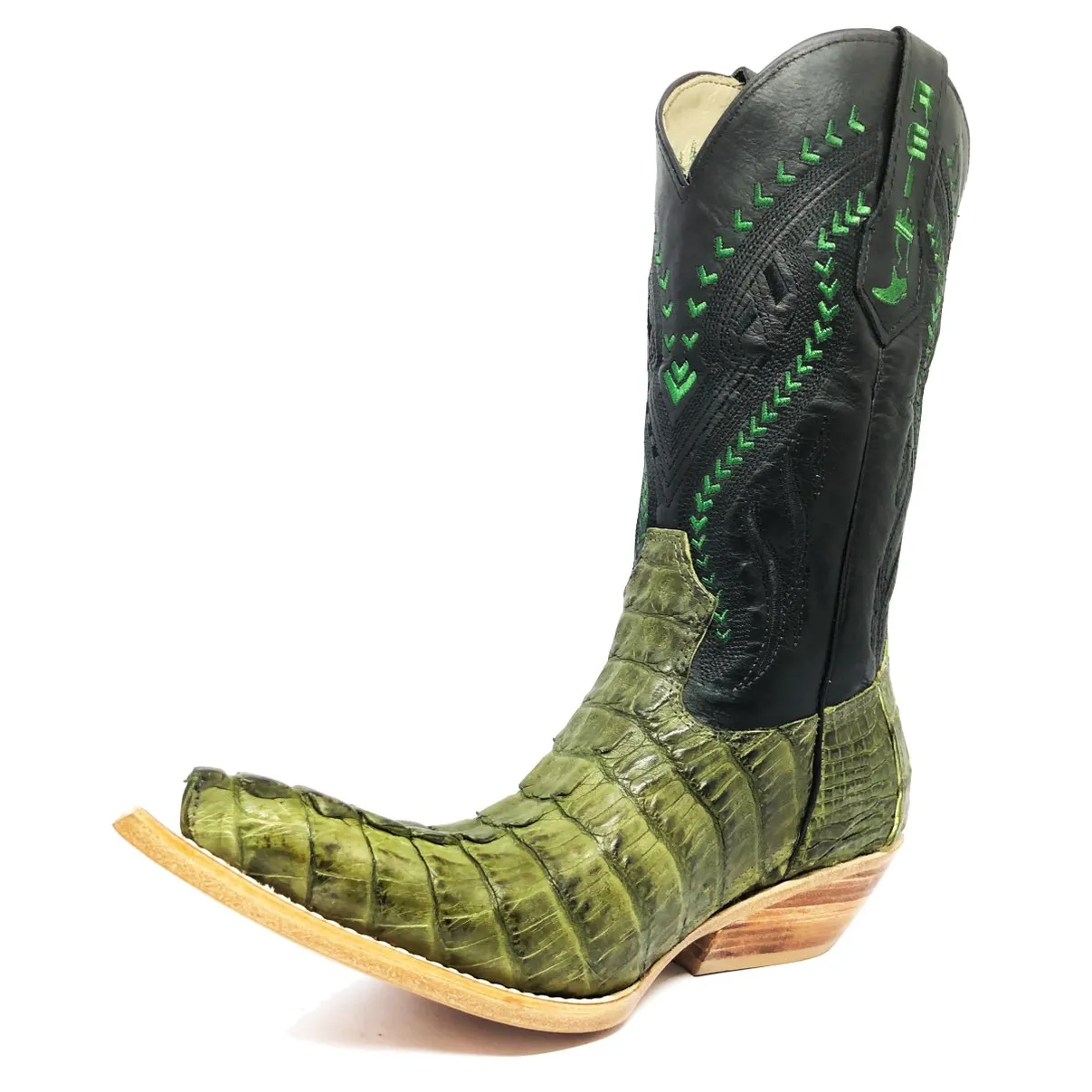 Bota Texana Reizinho Premium de Couro Legítimo de Jacaré Verde Musgo Rabo LIMITED EDITION - Cano Alto, Bico Fino - Solado de Couro Artesanal