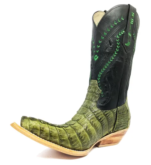 Bota Texana Reizinho Premium de Couro Legítimo de Jacaré Verde Musgo Rabo LIMITED EDITION - Cano Alto, Bico Fino - Solado de Couro Artesanal