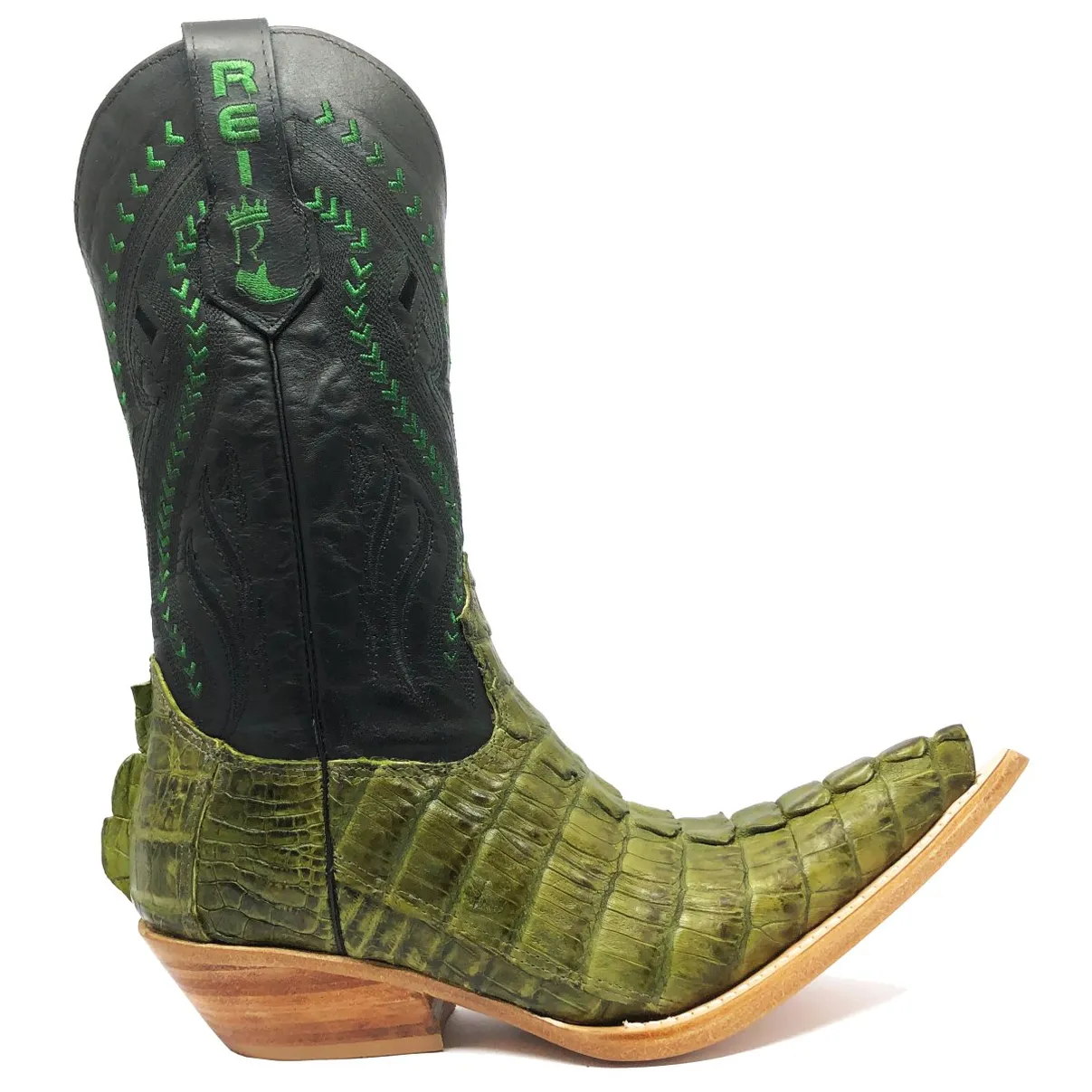 Bota Texana Reizinho Premium de Couro Legítimo de Jacaré Verde Musgo Rabo LIMITED EDITION - Cano Alto, Bico Fino - Solado de Couro Artesanal