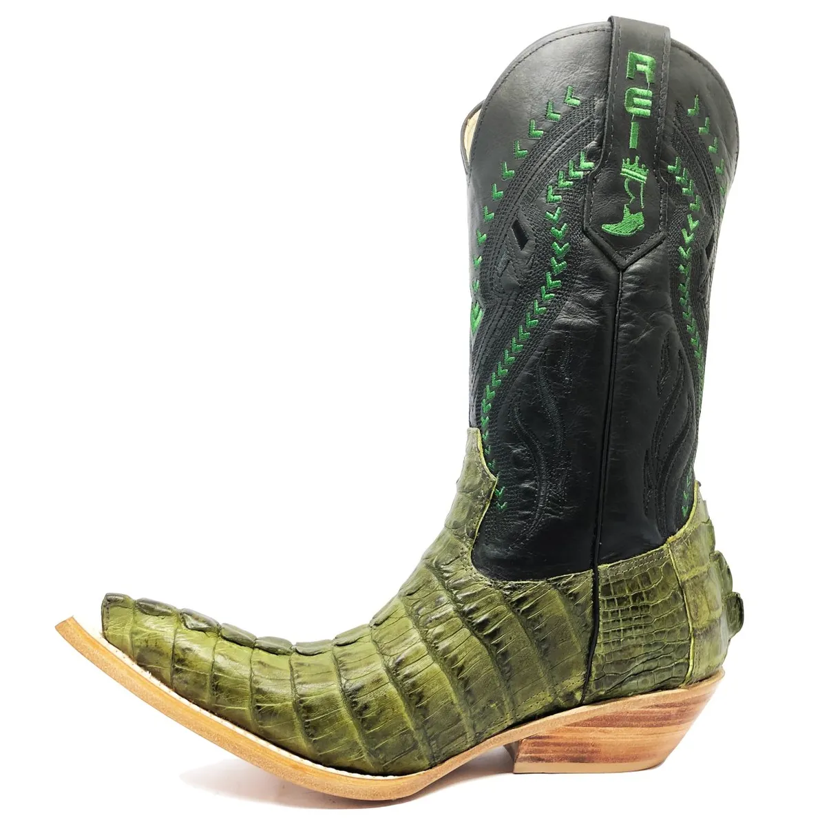 Bota Texana Reizinho Premium de Couro Legítimo de Jacaré Verde Musgo Rabo LIMITED EDITION - Cano Alto, Bico Fino - Solado de Couro Artesanal