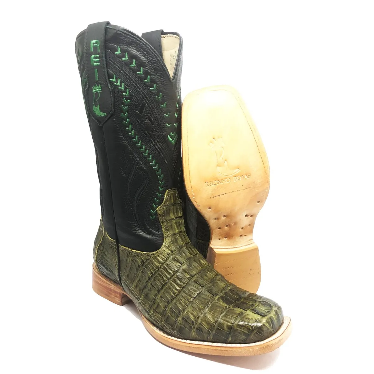 Bota Texana Reizinho Premium de Couro Legítimo de Jacaré Verde Musgo Rabo LIMITED EDITION - Cano Alto, Bico Quadrado - Solado de Couro Artesanal | Reizinho Botas