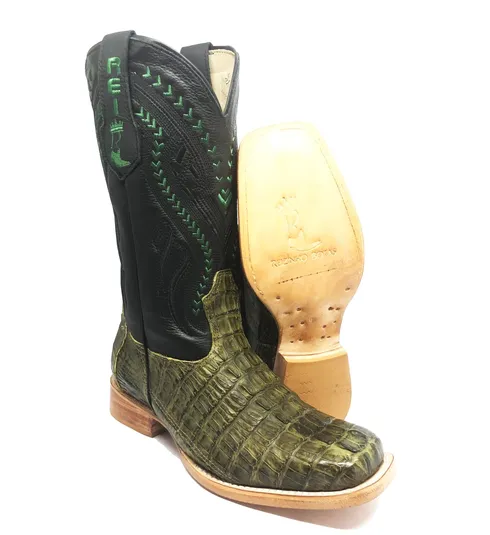 Bota Texana Reizinho Premium de Couro Legítimo de Jacaré Verde Musgo Rabo LIMITED EDITION - Cano Alto, Bico Quadrado - Solado de Couro Artesanal | Reizinho Botas