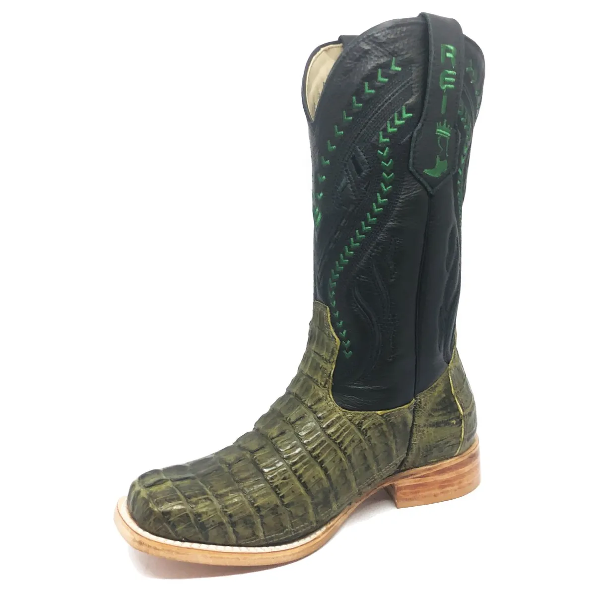 Bota Texana Reizinho Premium de Couro Legítimo de Jacaré Verde Musgo Rabo LIMITED EDITION - Cano Alto, Bico Quadrado - Solado de Couro Artesanal | Reizinho Botas