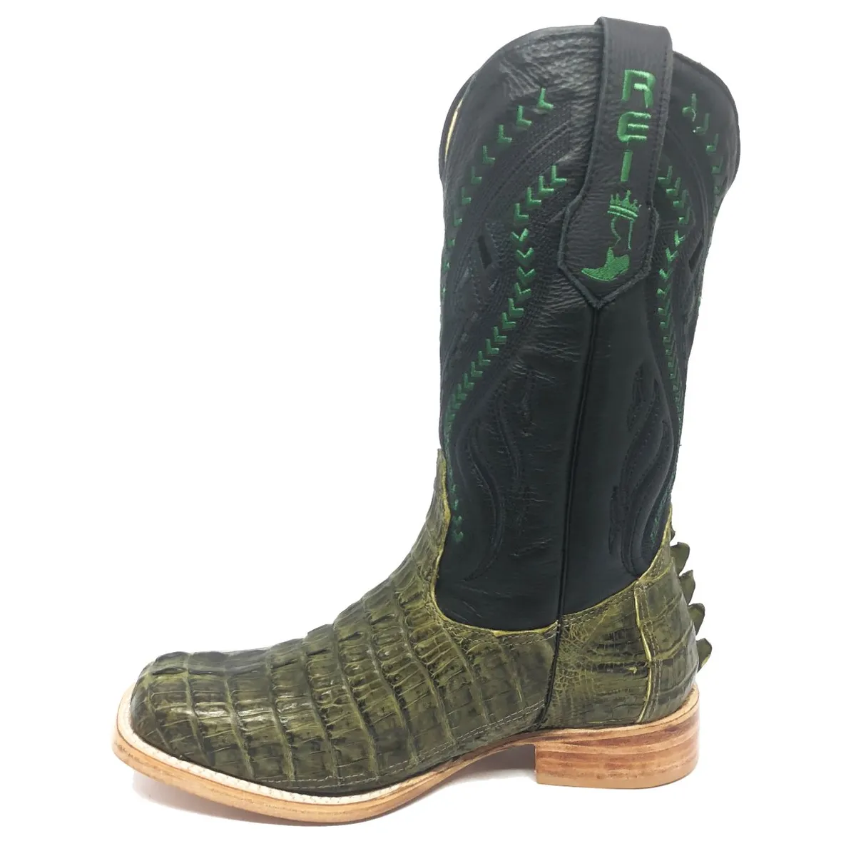 Bota Texana Reizinho Premium de Couro Legítimo de Jacaré Verde Musgo Rabo LIMITED EDITION - Cano Alto, Bico Quadrado - Solado de Couro Artesanal | Reizinho Botas