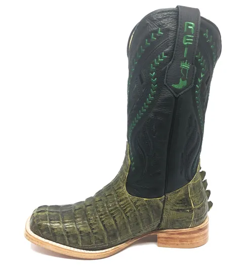 Bota Texana Reizinho Premium de Couro Legítimo de Jacaré Verde Musgo Rabo LIMITED EDITION - Cano Alto, Bico Quadrado - Solado de Couro Artesanal | Reizinho Botas