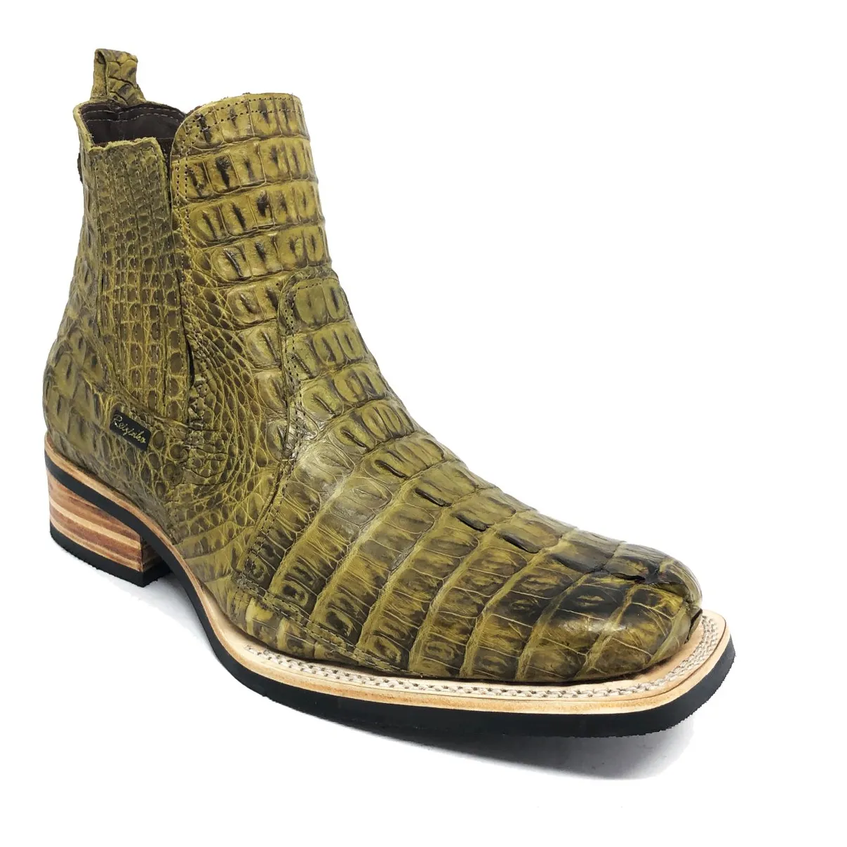 Bota Texana Reizinho Premium de Couro Legítimo de Jacaré Verde Musgo Rabo LIMITED EDITION - Cano Curto Elástico, Bico Quadrado - Solado X-Flex Artesanal | Reizinho Botas