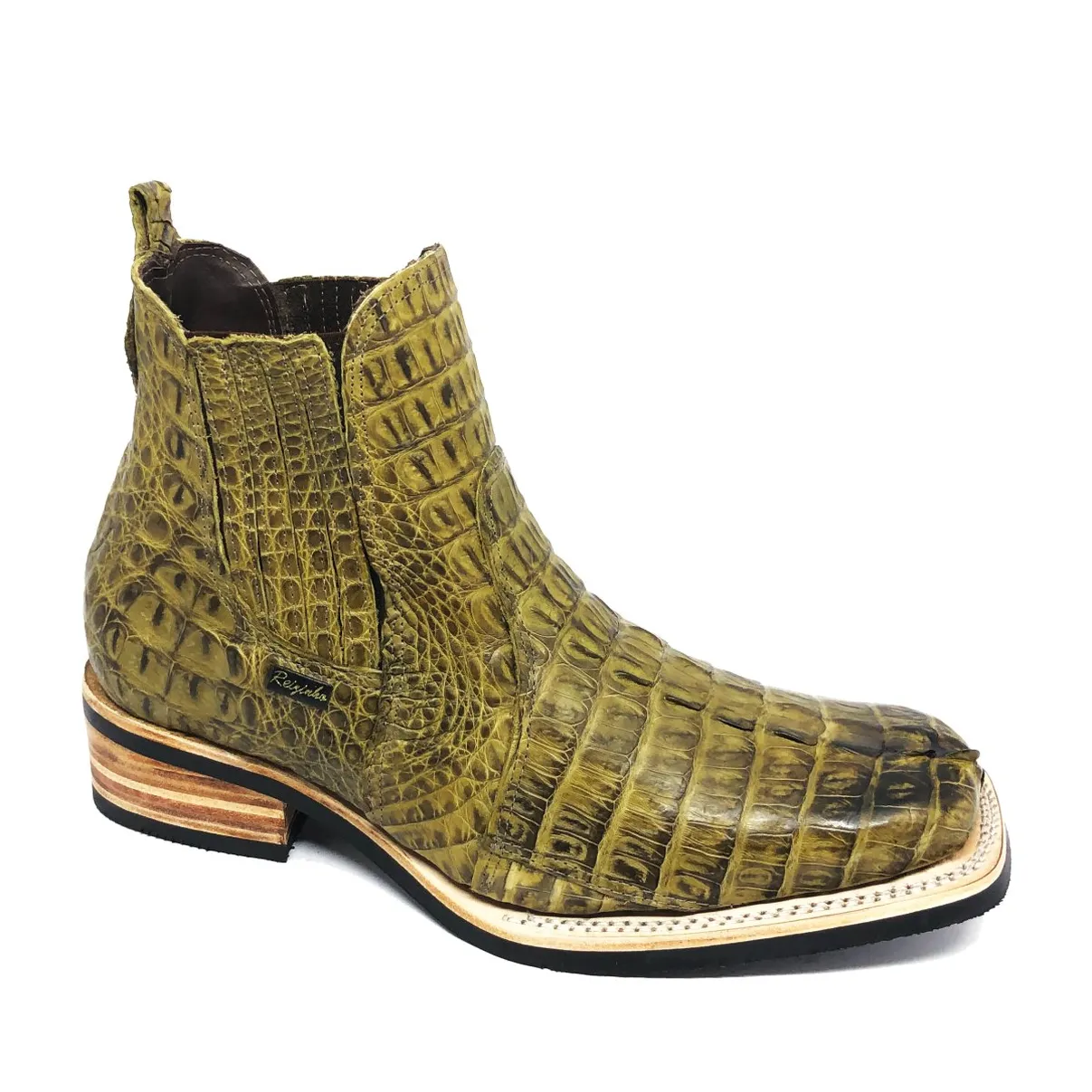 Bota Texana Reizinho Premium de Couro Legítimo de Jacaré Verde Musgo Rabo LIMITED EDITION - Cano Curto Elástico, Bico Quadrado - Solado X-Flex Artesanal | Reizinho Botas