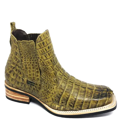 Bota Texana Reizinho Premium de Couro Legítimo de Jacaré Verde Musgo Rabo LIMITED EDITION - Cano Curto Elástico, Bico Quadrado - Solado X-Flex Artesanal | Reizinho Botas