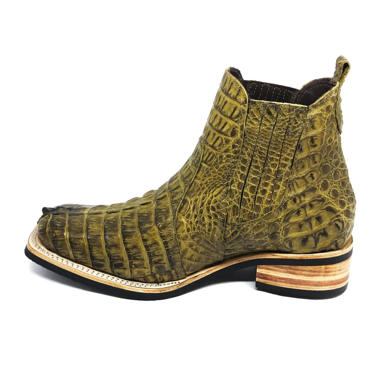 Bota Texana Reizinho Premium de Couro Legítimo de Jacaré Verde Musgo Rabo LIMITED EDITION - Cano Curto Elástico, Bico Quadrado - Solado X-Flex Artesanal | Reizinho Botas