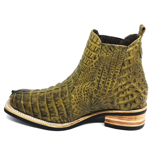 Bota Texana Reizinho Premium de Couro Legítimo de Jacaré Verde Musgo Rabo LIMITED EDITION - Cano Curto Elástico, Bico Quadrado - Solado X-Flex Artesanal | Reizinho Botas