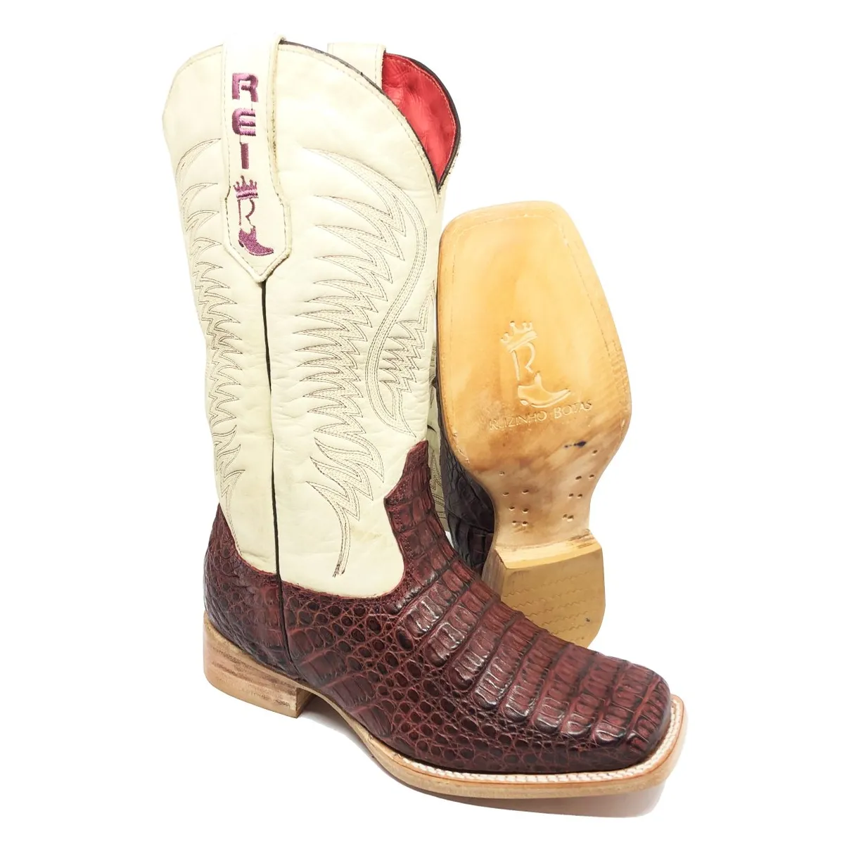 Bota Texana Reizinho Premium de Couro Legítimo de Jacaré Vinho LIMITED EDITION - Cano Alto, Bico Quadrado - Solado de Couro Artesanal | Reizinho Botas