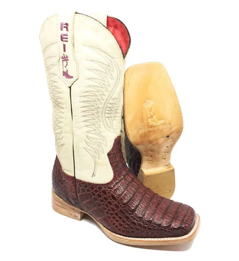 Bota Texana Reizinho Premium de Couro Legítimo de Jacaré Vinho LIMITED EDITION - Cano Alto, Bico Quadrado - Solado de Couro Artesanal | Reizinho Botas