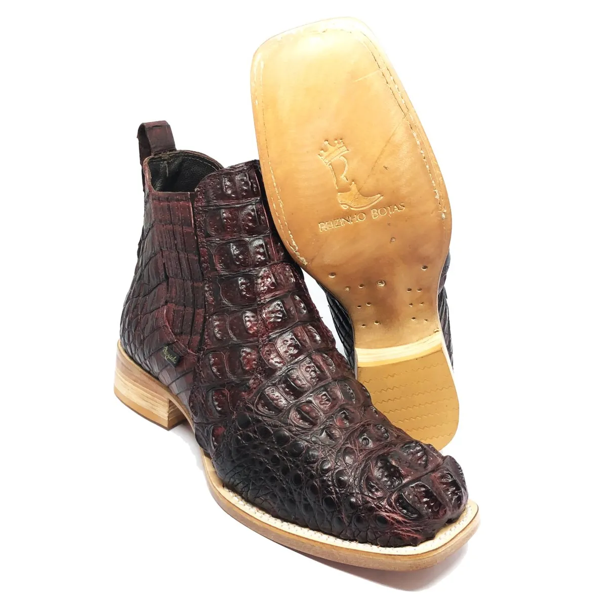 Bota Texana Reizinho Premium de Couro Legítimo de Jacaré Vinho LIMITED EDITION - Cano Curto, Bico Fino - Solado de Couro Artesanal