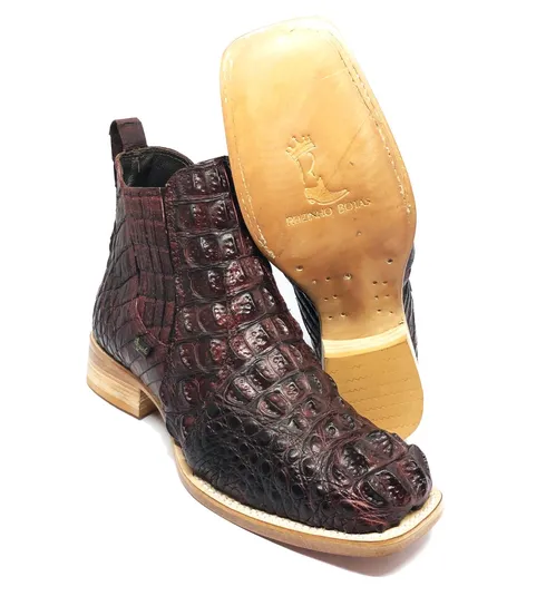 Bota Texana Reizinho Premium de Couro Legítimo de Jacaré Vinho LIMITED EDITION - Cano Curto, Bico Quadrado - Solado de Couro Artesanal