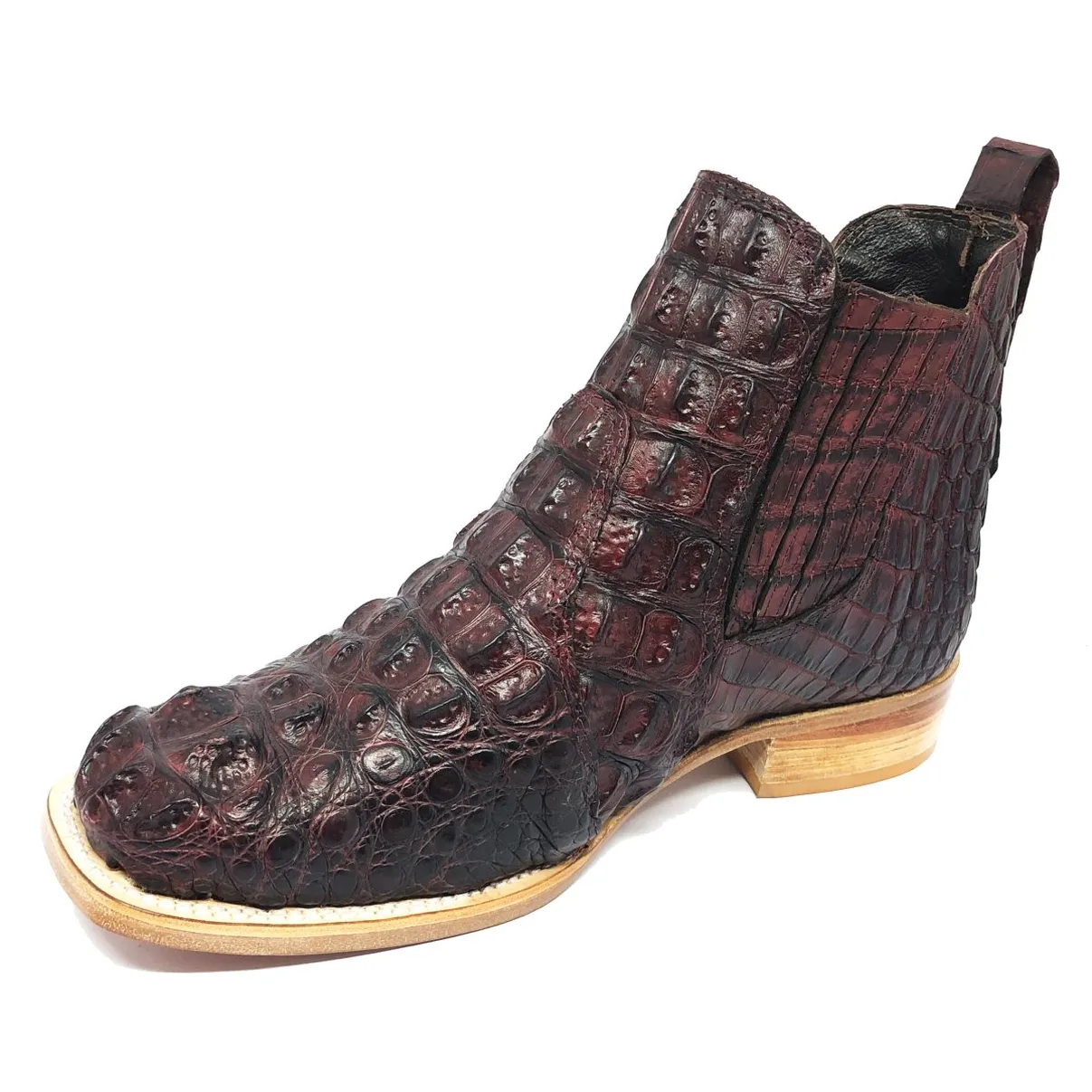 Bota Texana Reizinho Premium de Couro Legítimo de Jacaré Vinho LIMITED EDITION - Cano Curto, Bico Fino - Solado de Couro Artesanal