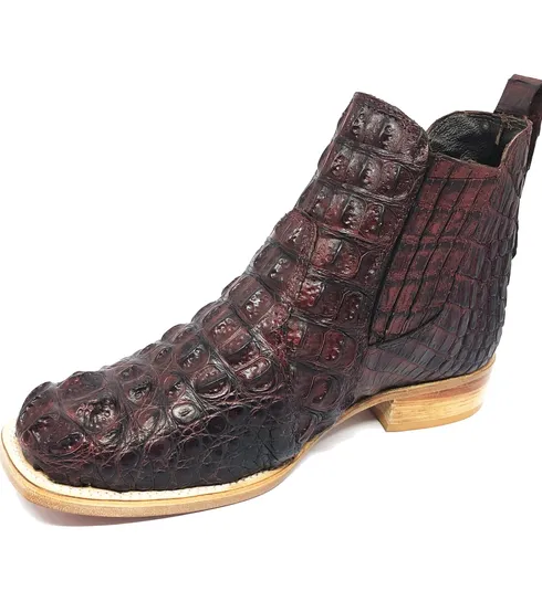 Bota Texana Reizinho Premium de Couro Legítimo de Jacaré Vinho LIMITED EDITION - Cano Curto, Bico Quadrado - Solado de Couro Artesanal