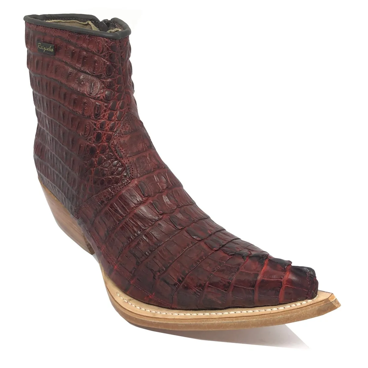 Bota Texana Reizinho Premium de Couro Legítimo de Jacaré Vinho Rabo LIMITED EDITION - Cano Curto, Bico Fino - Solado de Couro Artesanal