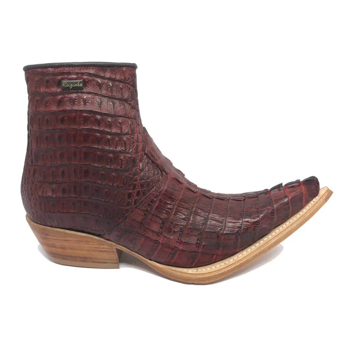 Bota Texana Reizinho Premium de Couro Legítimo de Jacaré Vinho Rabo LIMITED EDITION - Cano Curto, Bico Fino - Solado de Couro Artesanal