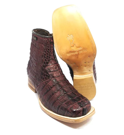 Bota Texana Reizinho Premium de Couro Legítimo de Jacaré Vinho Rabo LIMITED EDITION - Cano Curto Zíper, Bico Quadrado - Solado de Couro Artesanal | Reizinho Botas