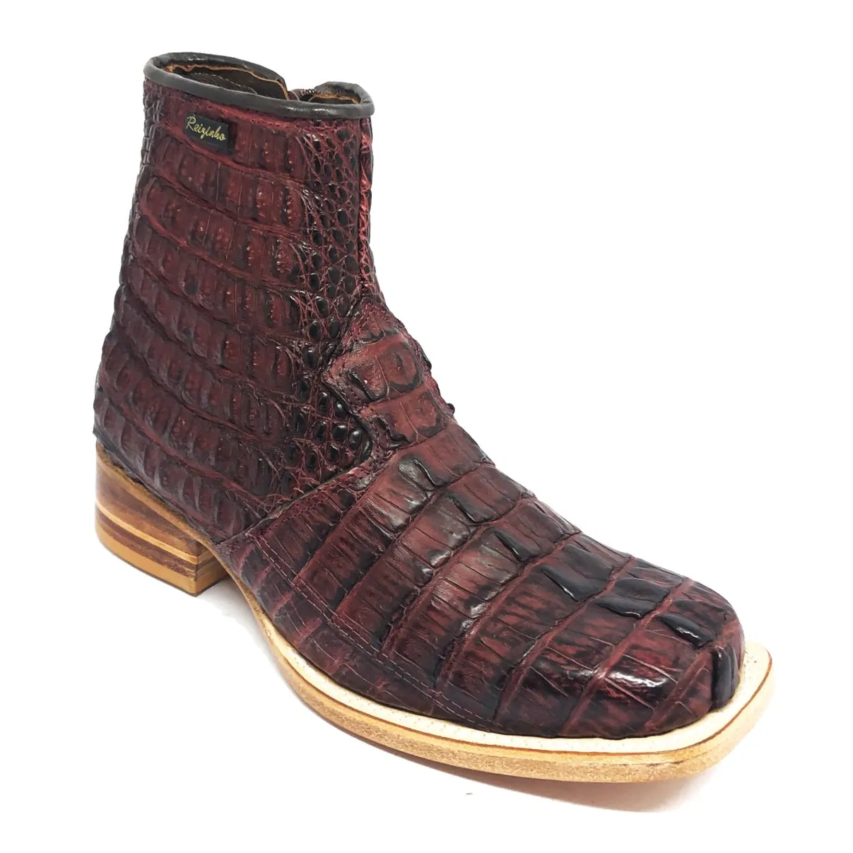 Bota Texana Reizinho Premium de Couro Legítimo de Jacaré Vinho Rabo LIMITED EDITION - Cano Curto Zíper, Bico Quadrado - Solado de Couro Artesanal | Reizinho Botas