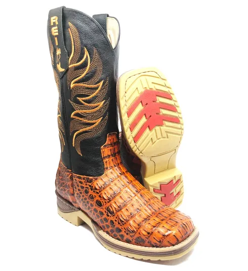 Bota Texana Reizinho Premium de Couro Legítimo de Jacaré Volcano LIMITED EDITION - Cano Alto, Bico Quadrado - Solado Jump